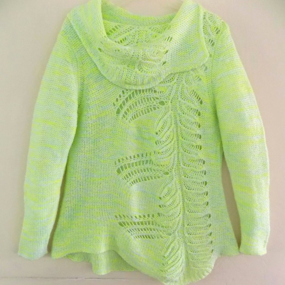 Long cowl-neck sweater M Green Yellow Crochet Two-tone knit Big collar Pullover